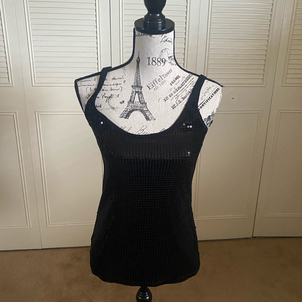 New York & Company black sequin tank top blouse holiday evening club party event